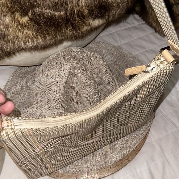 LRL Ivory Tan White Pink Gold Houndstooth Leather Silver Tone Hardware Hobo Bag - Picture 10 of 16